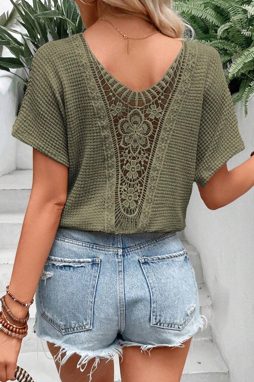 Oatmeal Guipure Lace Splicing Back Waffle Textured T-shirt - The Fair Lady Shop