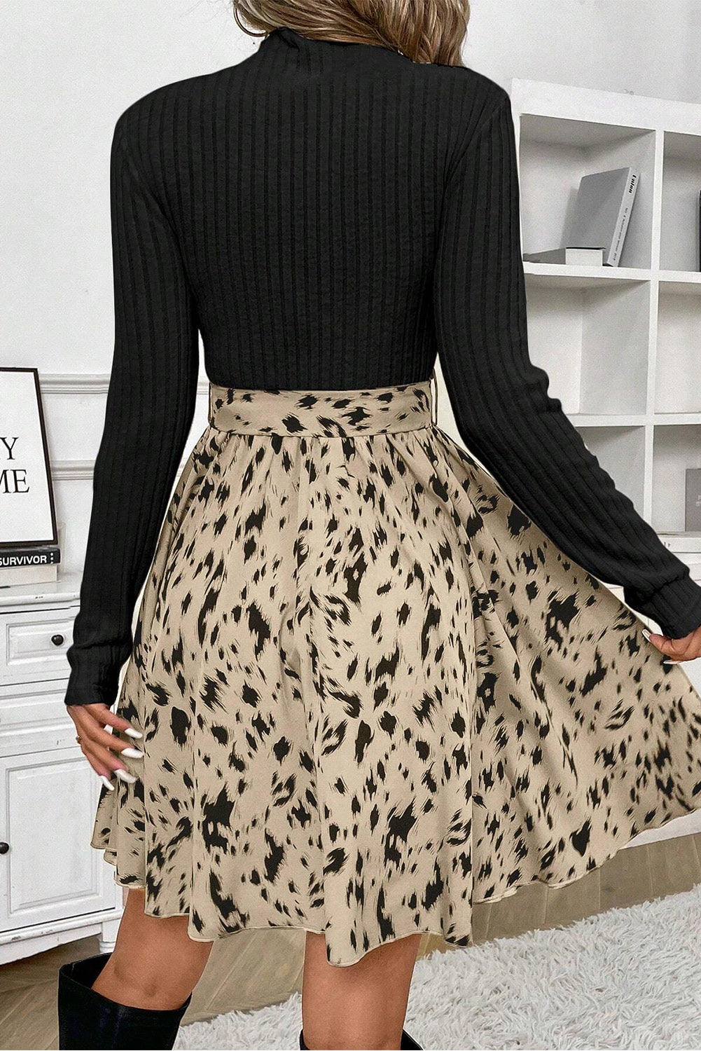 Black Ribbed Knit Patchwork Abstract Print Belted Short Dress - The Fair Lady Shop