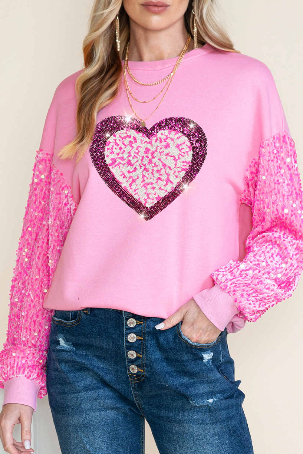 Pink Leopard Heart Graphic Sequin Patchwork Long Sleeve Valentines Top - The Fair Lady Shop