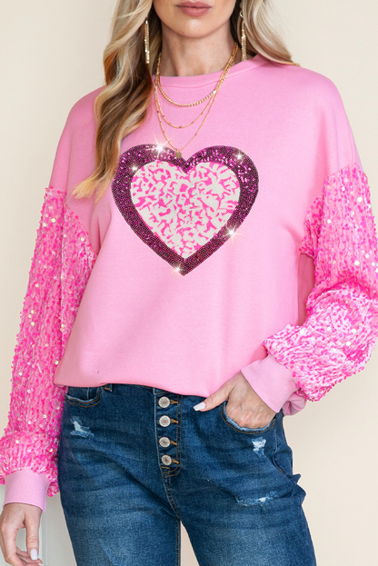 Pink Leopard Heart Graphic Sequin Patchwork Long Sleeve Valentines Top - The Fair Lady Shop