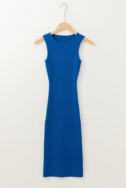 Dark Blue Solid Ribbed Knit Sheath Sleeveless Midi Sweater Dress - The Fair Lady Shop