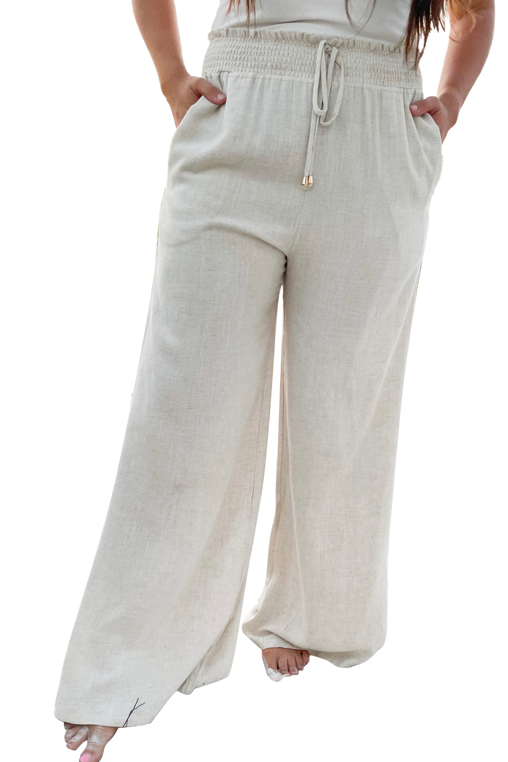 Beige Frill Smocked Waist Wide Leg Plus Size Pants - The Fair Lady Shop