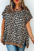 Khaki Leopard Contrast Trim Short Sleeve Loose Plus Size Top - The Fair Lady Shop