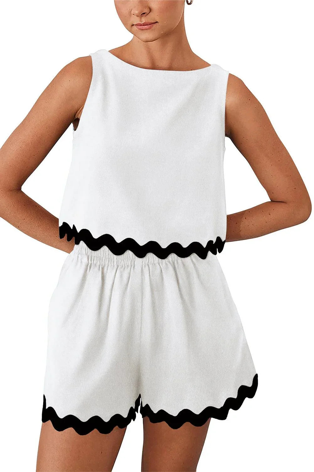 White Ricrac Applique Sleeveless Top and Pocketed Shorts Set - The Fair Lady Shop