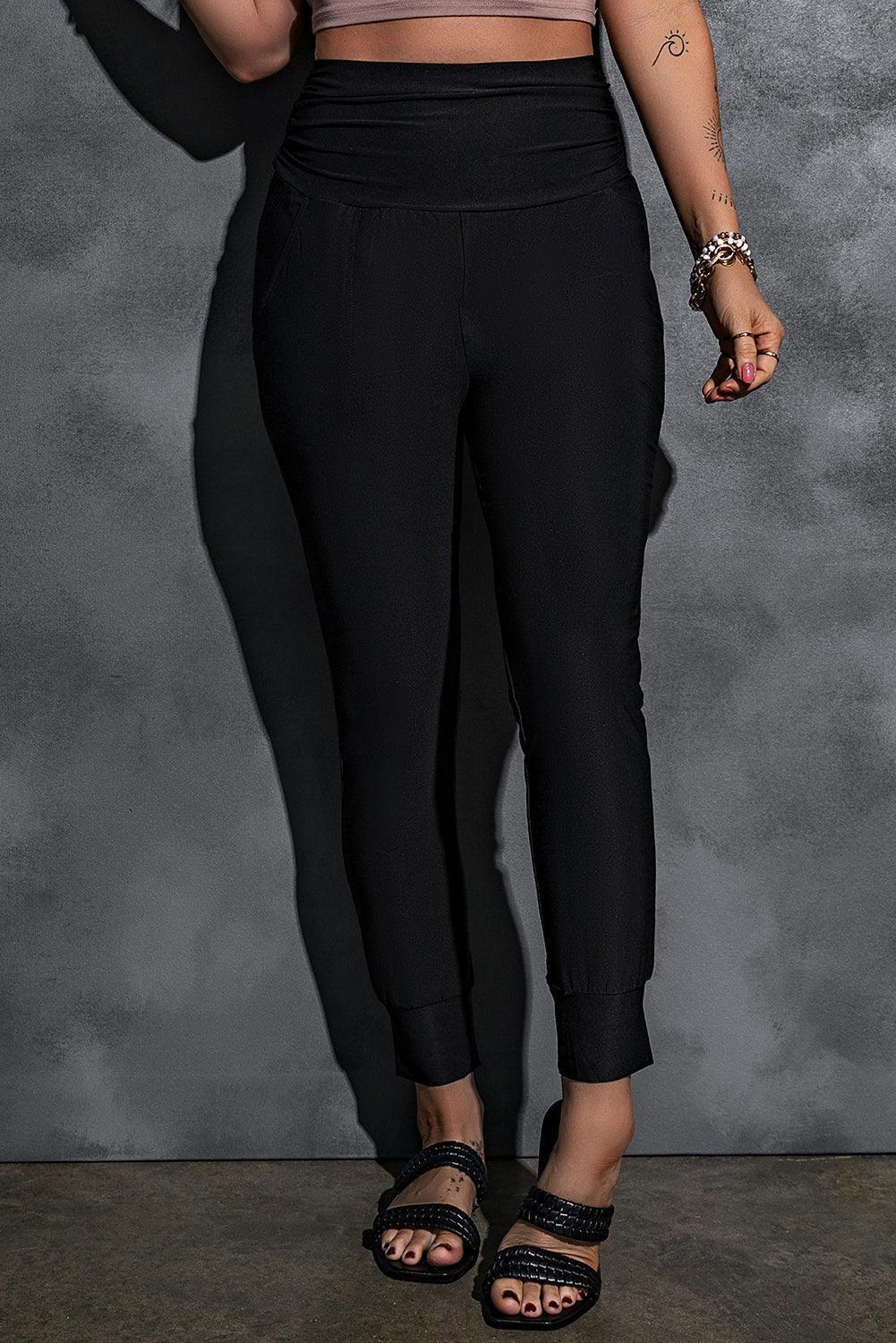 Black Pleated Casual Pocket High Waisted Leggings - The Fair Lady Shop