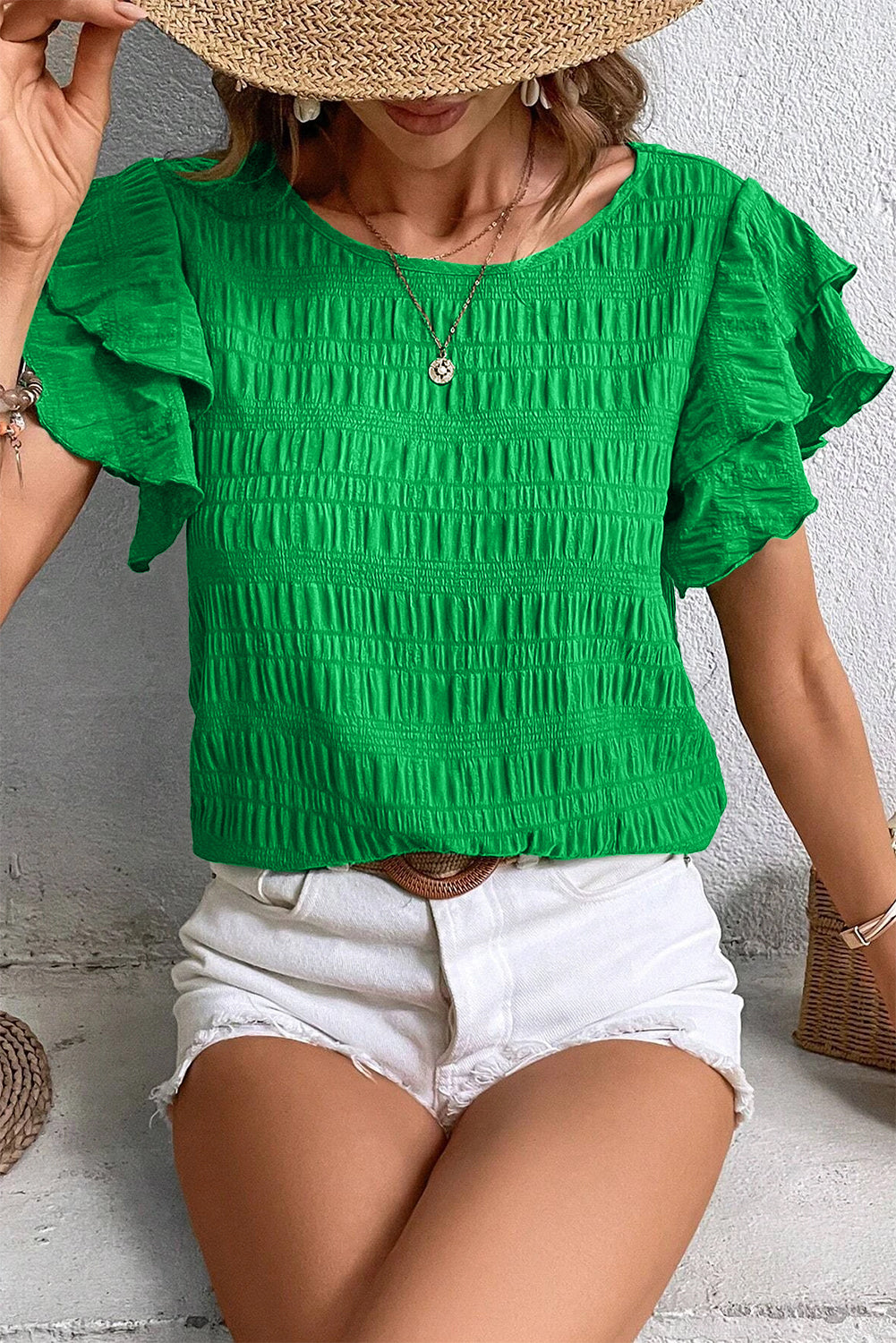 Dark Green Ruffle Sleeve Textured Smocked Blouse - The Fair Lady Shop