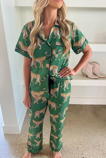 Green Cheetah Print Short Sleeve Shirt and Pants Pajama Set - The Fair Lady Shop