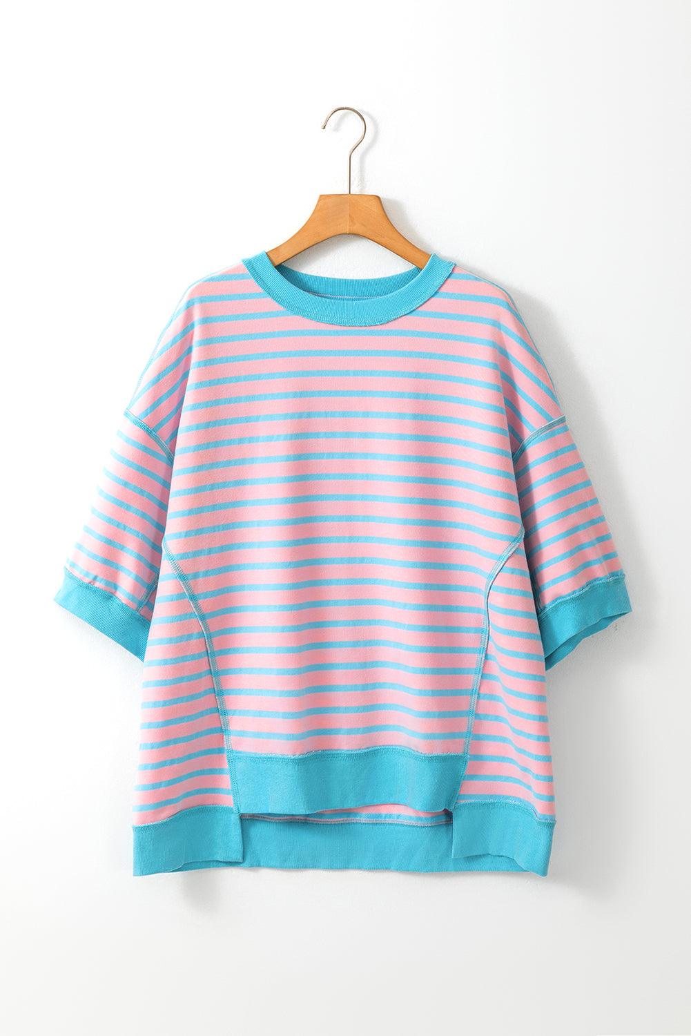 Pink Stripe Colorblock Drop Sleeve Oversized T Shirt - The Fair Lady Shop