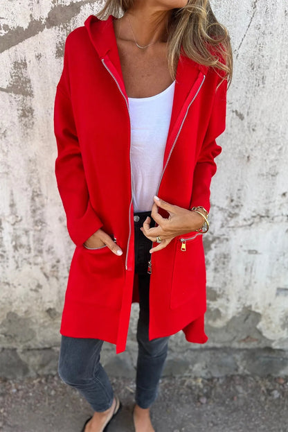 Fiery Red Solid Color Casual Zipper Hooded Jacket - The Fair Lady Shop