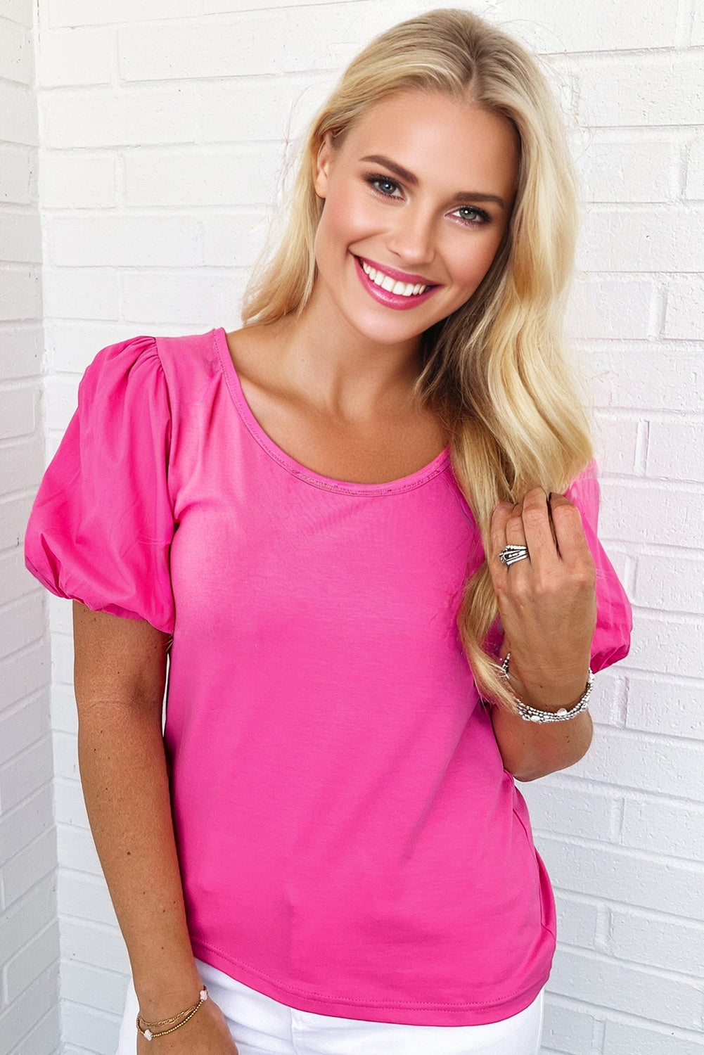Strawberry Pink Casual Round Neck Bubble Sleeve T-shirt - The Fair Lady Shop