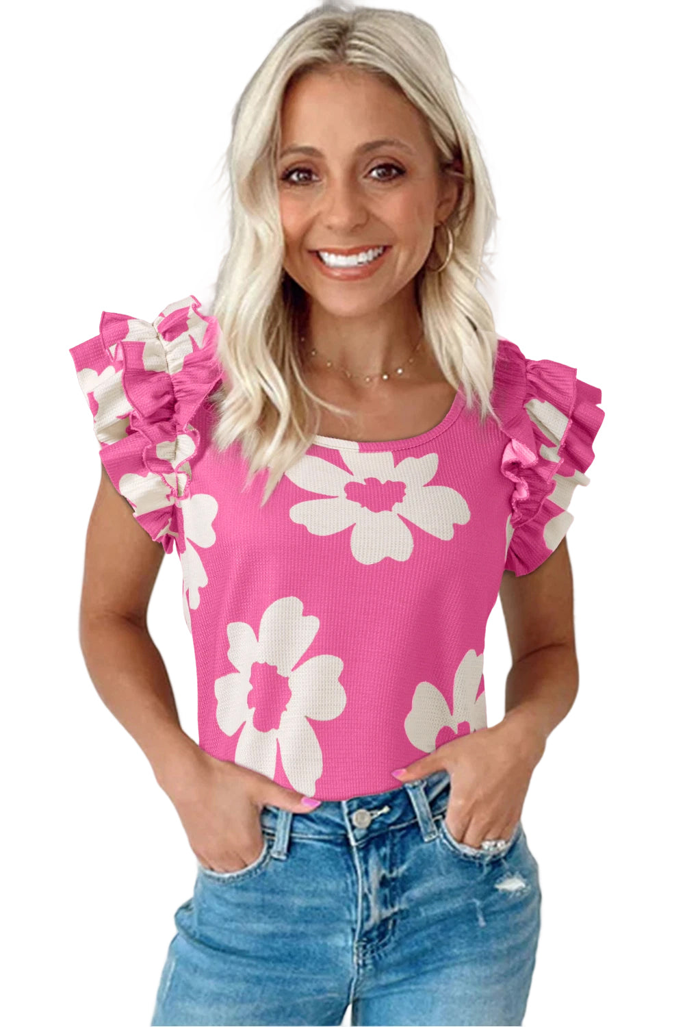 Pink Floral Ruffle Shoulder Square Neck Blouse - The Fair Lady Shop