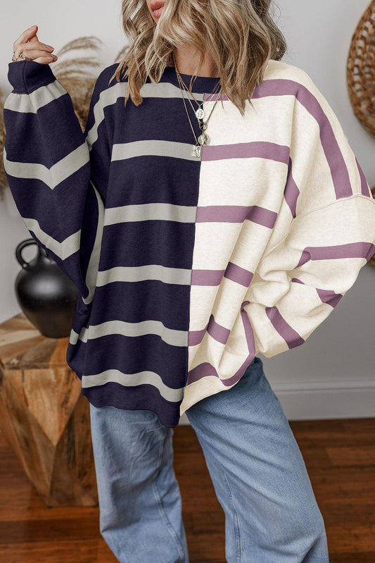 Blue Stripe Exposed Seam Patchwork Loose Sweatshirts - The Fair Lady Shop