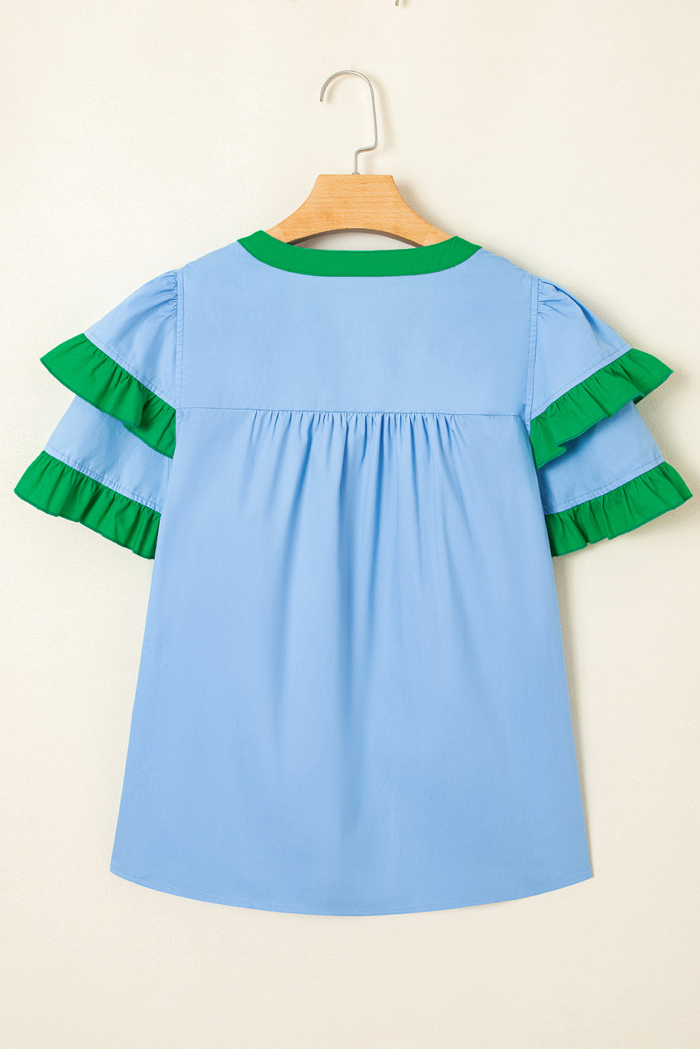 Mist Blue Ruffle Trim V-Neck Puff Sleeve Blouse - The Fair Lady Shop