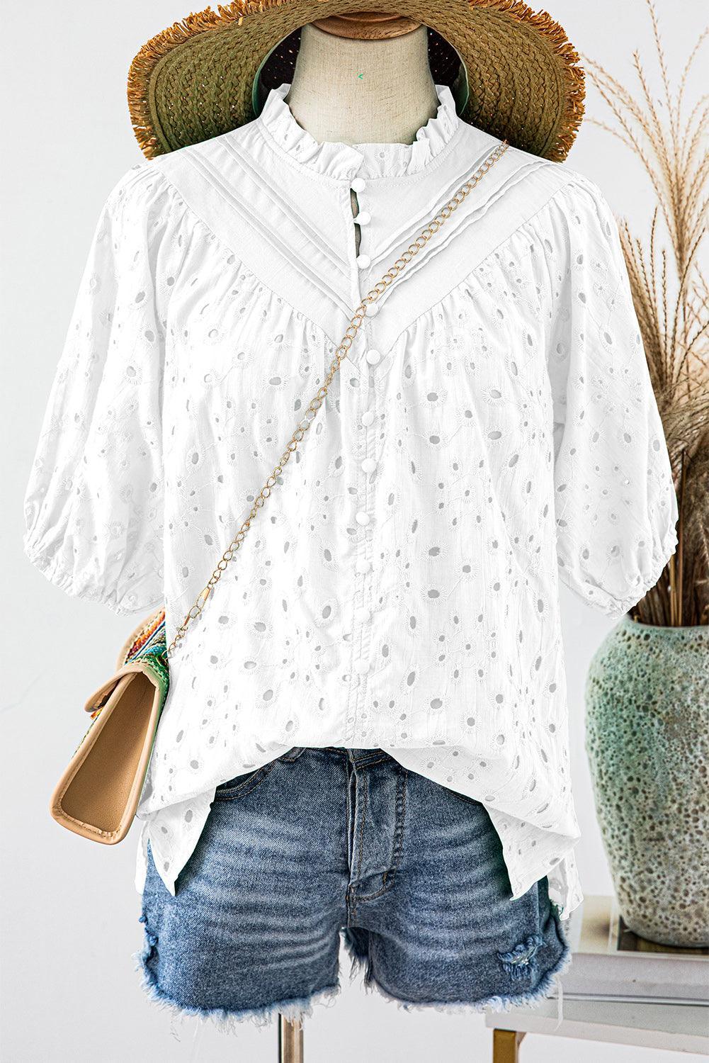 Bonbon Hollow-out Flower Embroidered Short Puff Sleeve Blouse - The Fair Lady Shop