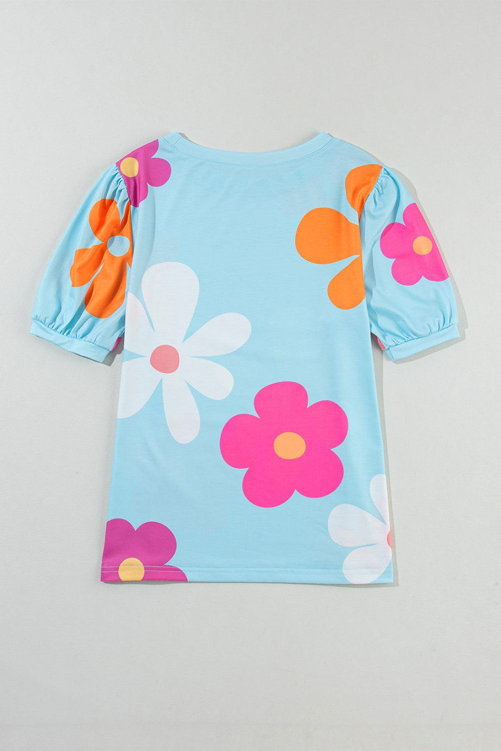 Apricot Colorful Flower Print Bubble Sleeve Tee - The Fair Lady Shop