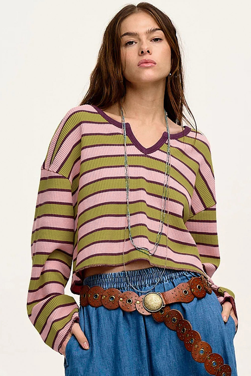 Spinach Green Striped V-Neck Rib-knit Pullover Top - The Fair Lady Shop