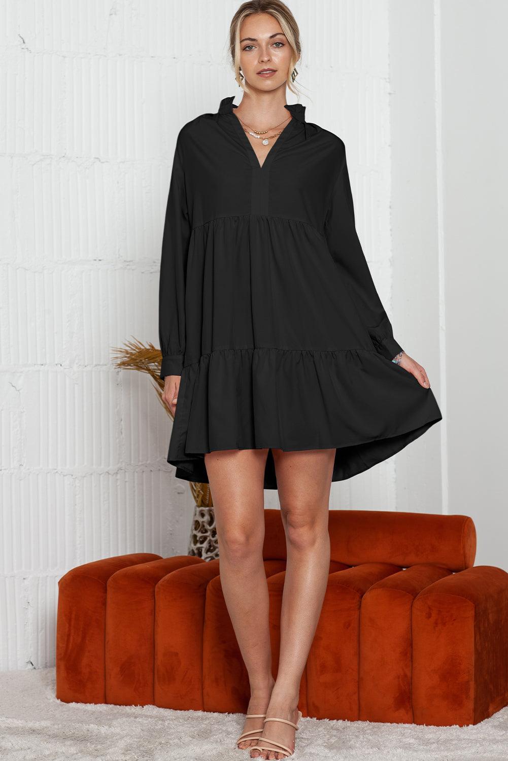 Pink Casual Stand V Neck Short Frill Dress - The Fair Lady Shop