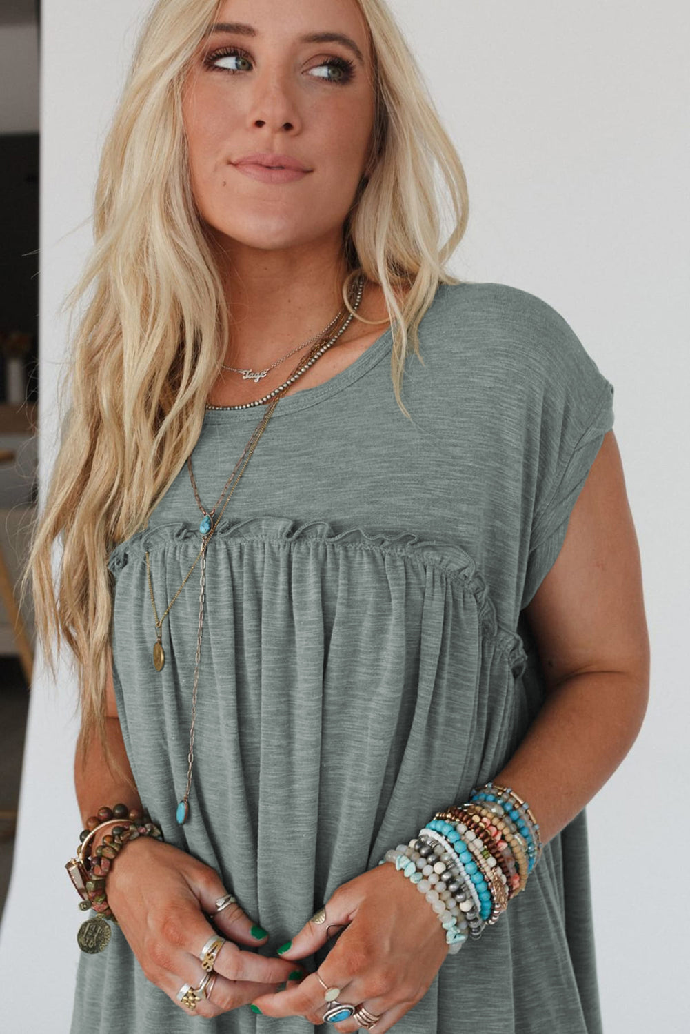 Mist Green Frilled Seam Round Neck T Shirt Dress - The Fair Lady Shop
