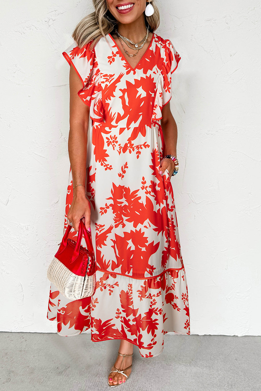 Red Floral Print Trimmed V Neck Ruffle Sleeve Maxi Dress - The Fair Lady Shop