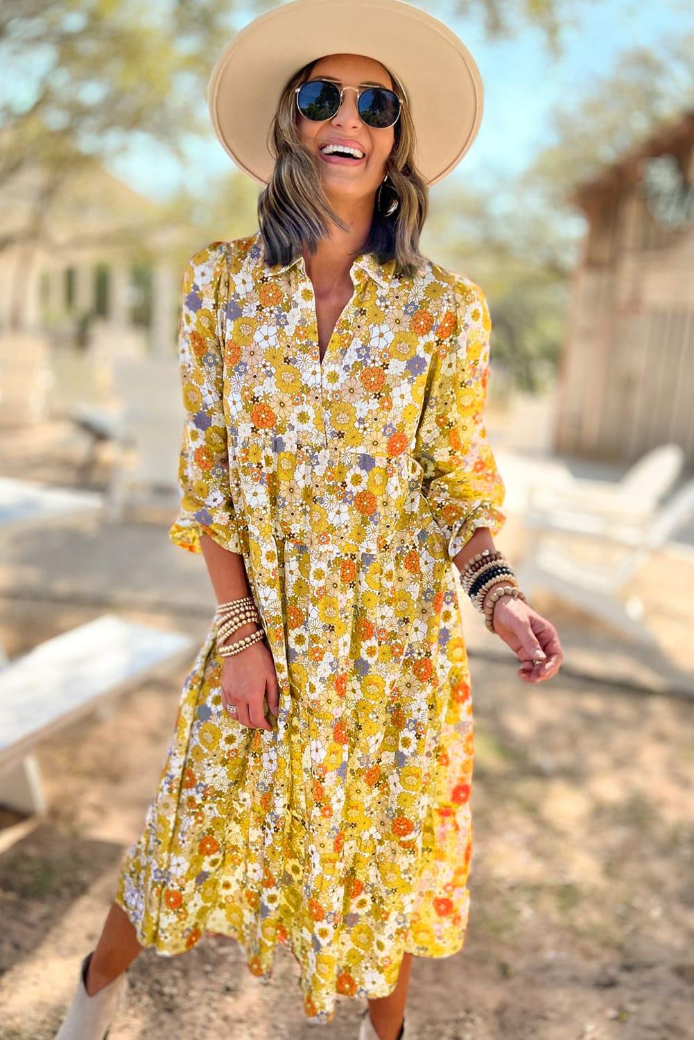Multicolor Boho Floral Collared Long Sleeve Dress - The Fair Lady Shop