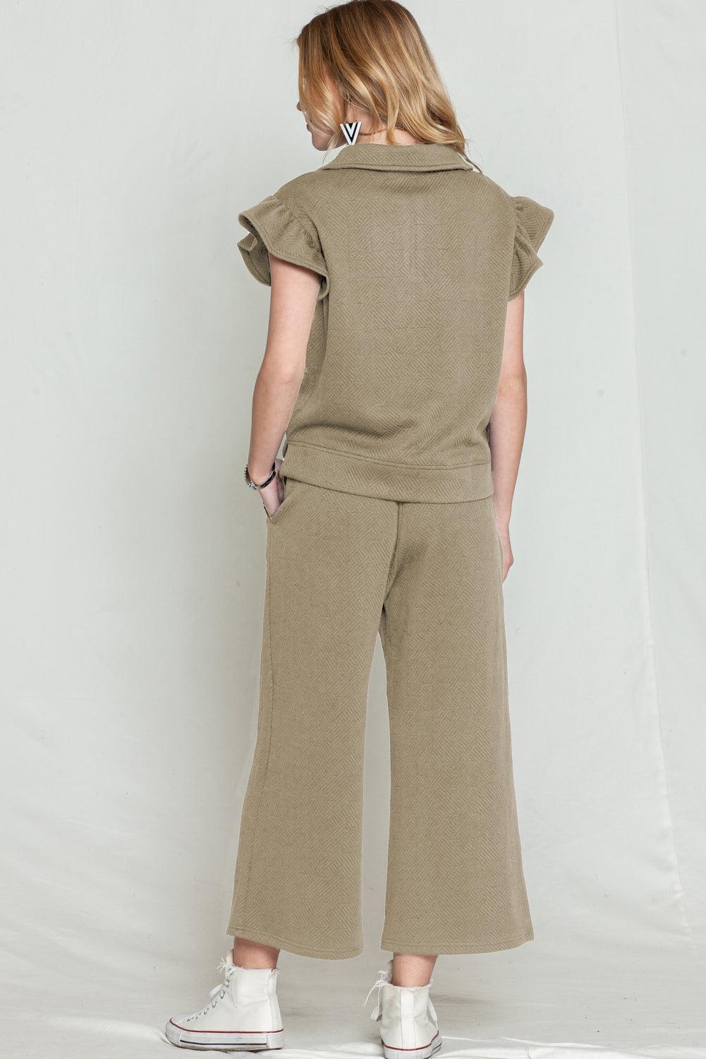 Black Textured Ruffle Cap Sleeve Top and Wide Leg Pants Set - The Fair Lady Shop