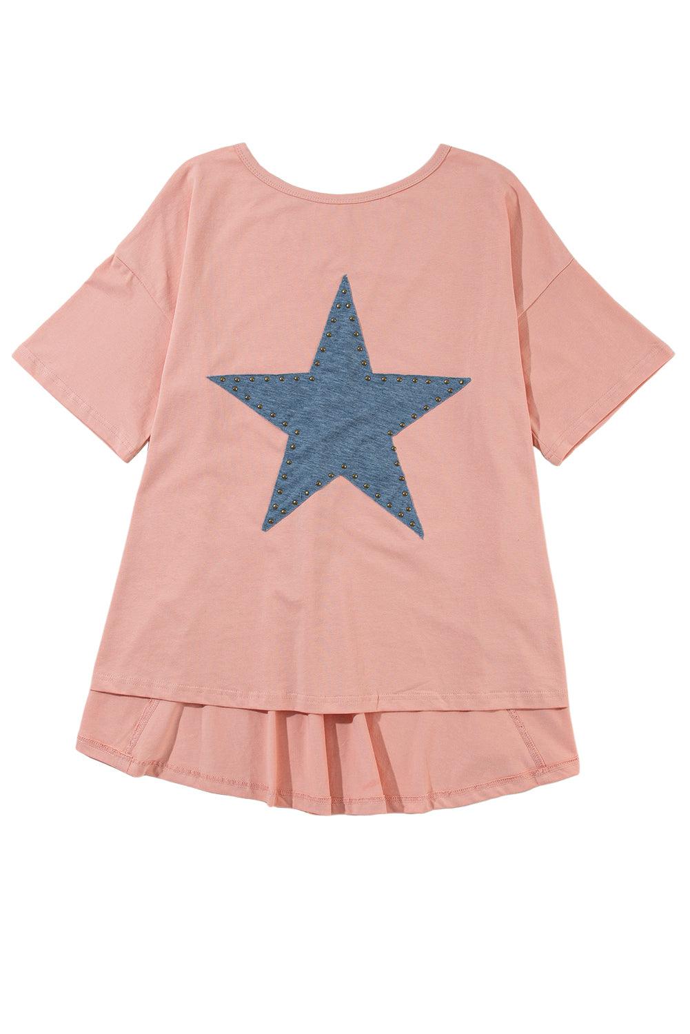 Apricot Pink Studded Star Patch Side Slits High Low Tee - The Fair Lady Shop