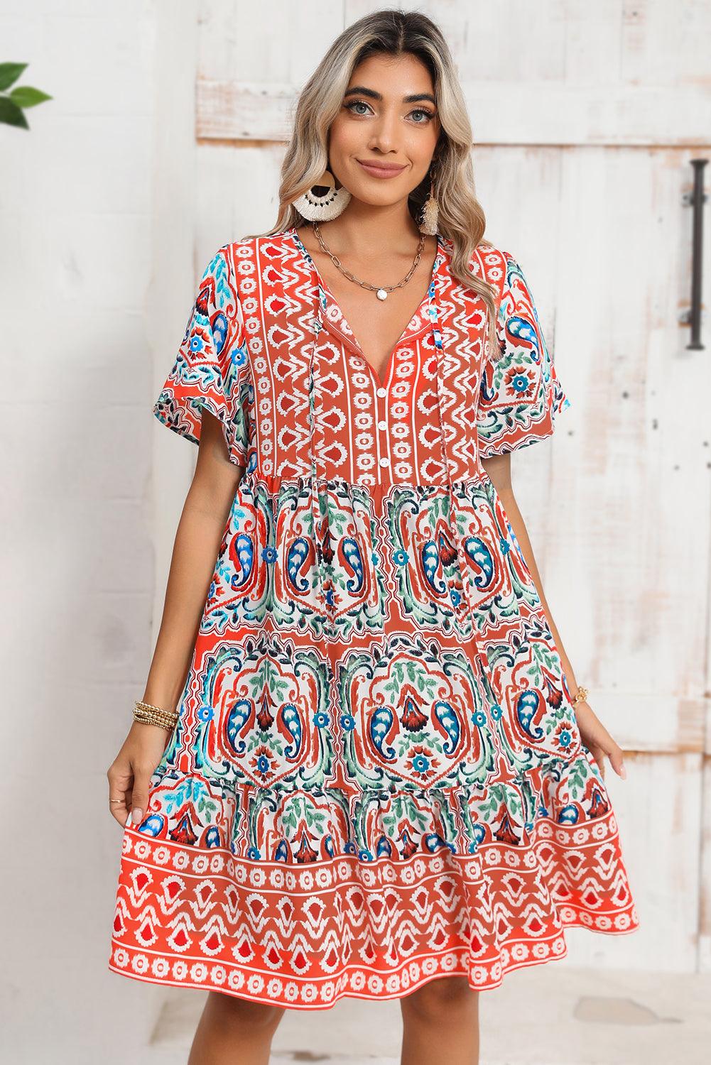 Orange Bohemian Tie Neck Flounce Sleeve Ruffle Hem Mini Dress - The Fair Lady Shop