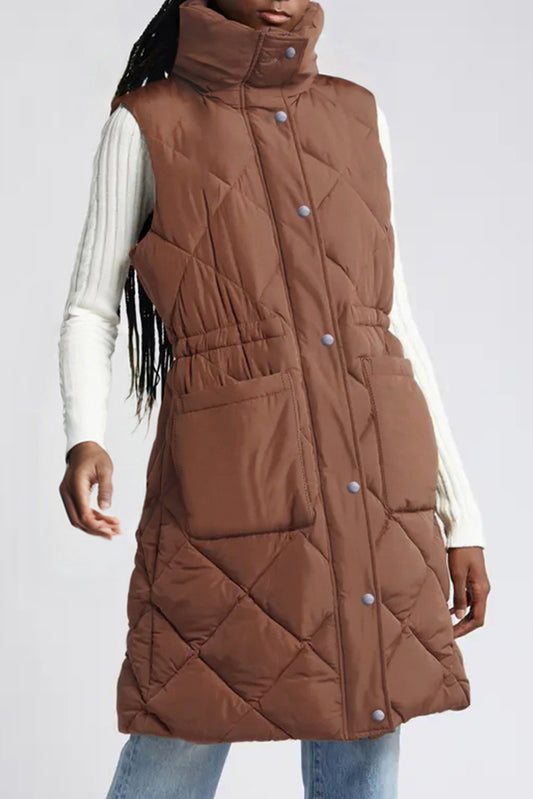 Coffee Puffer Quilted Stand Collar Pocketed Vest Coat - The Fair Lady Shop