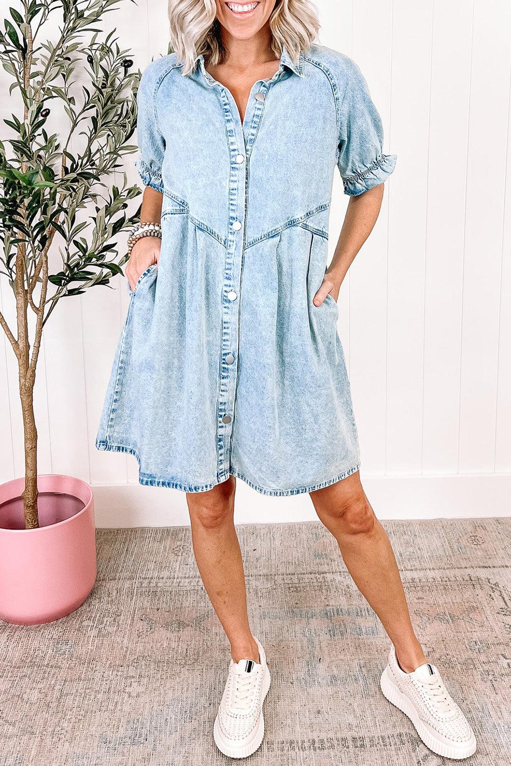 Blue Mineral Washed Ruffled Short Sleeve Pocketed Denim Dress - The Fair Lady Shop