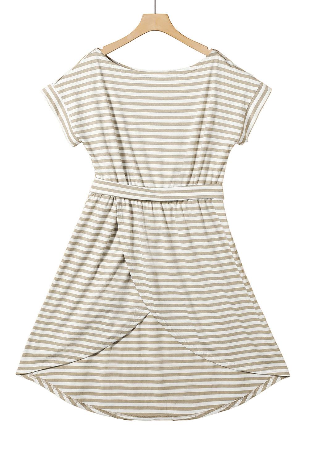 Khaki Stripe Belted Wrapped Hemline T Shirt Midi Dress - The Fair Lady Shop