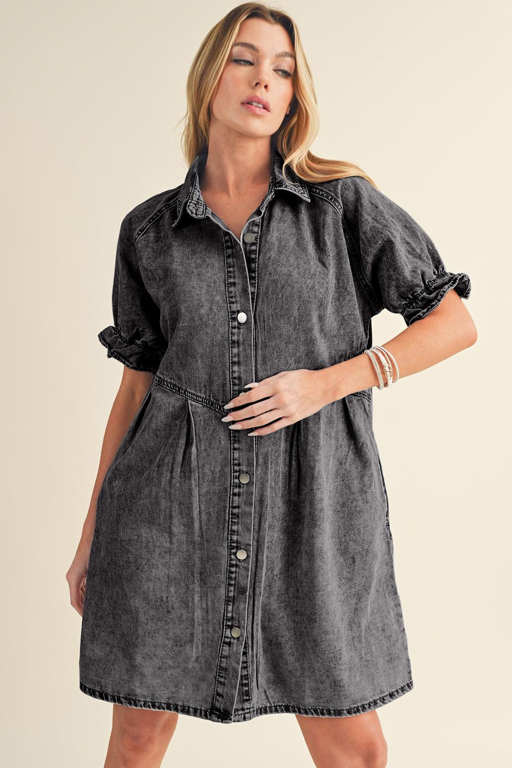 Blue Mineral Washed Ruffled Short Sleeve Pocketed Denim Dress - The Fair Lady Shop