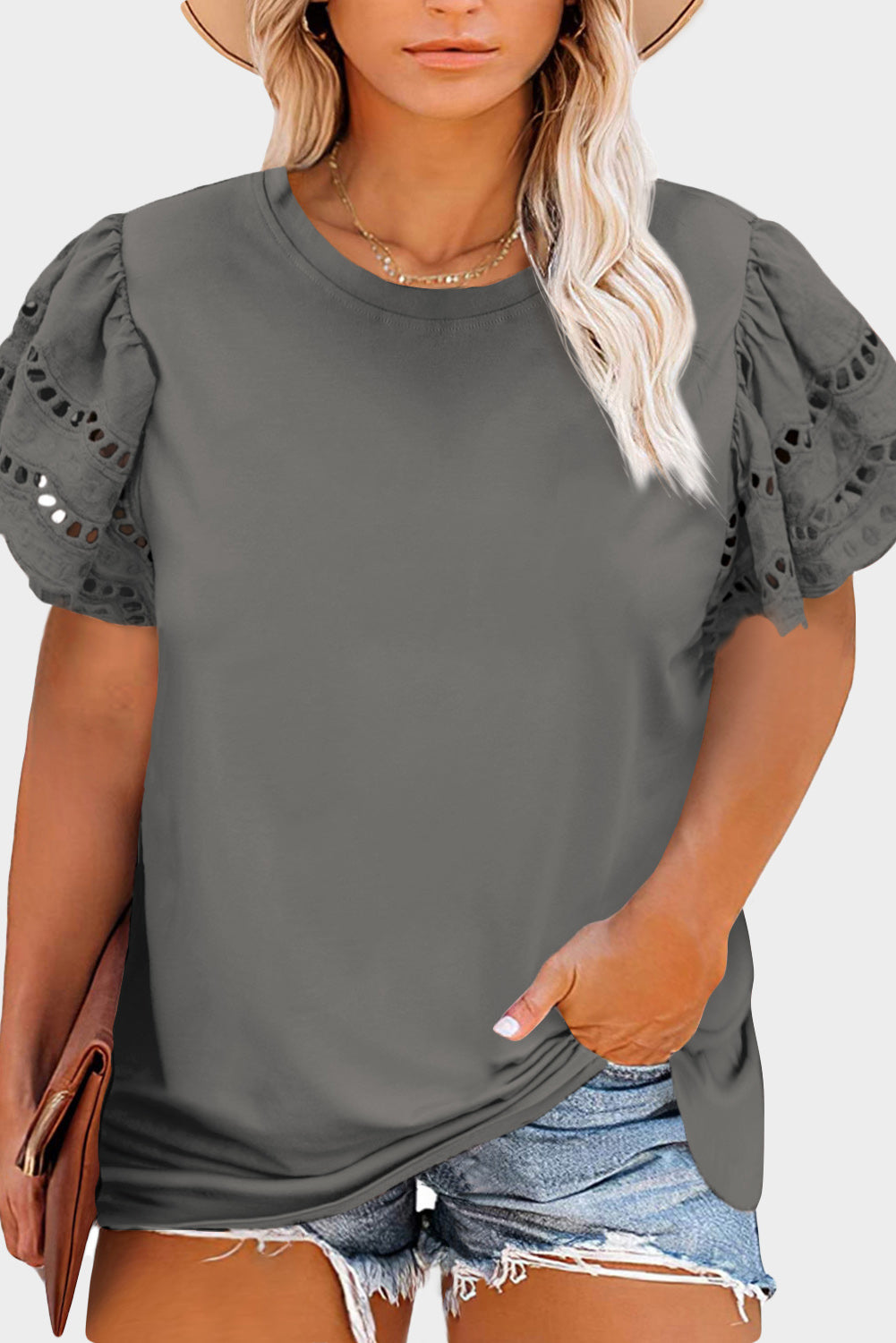 Gray Plus Size Flutter Sleeve Top - The Fair Lady Shop