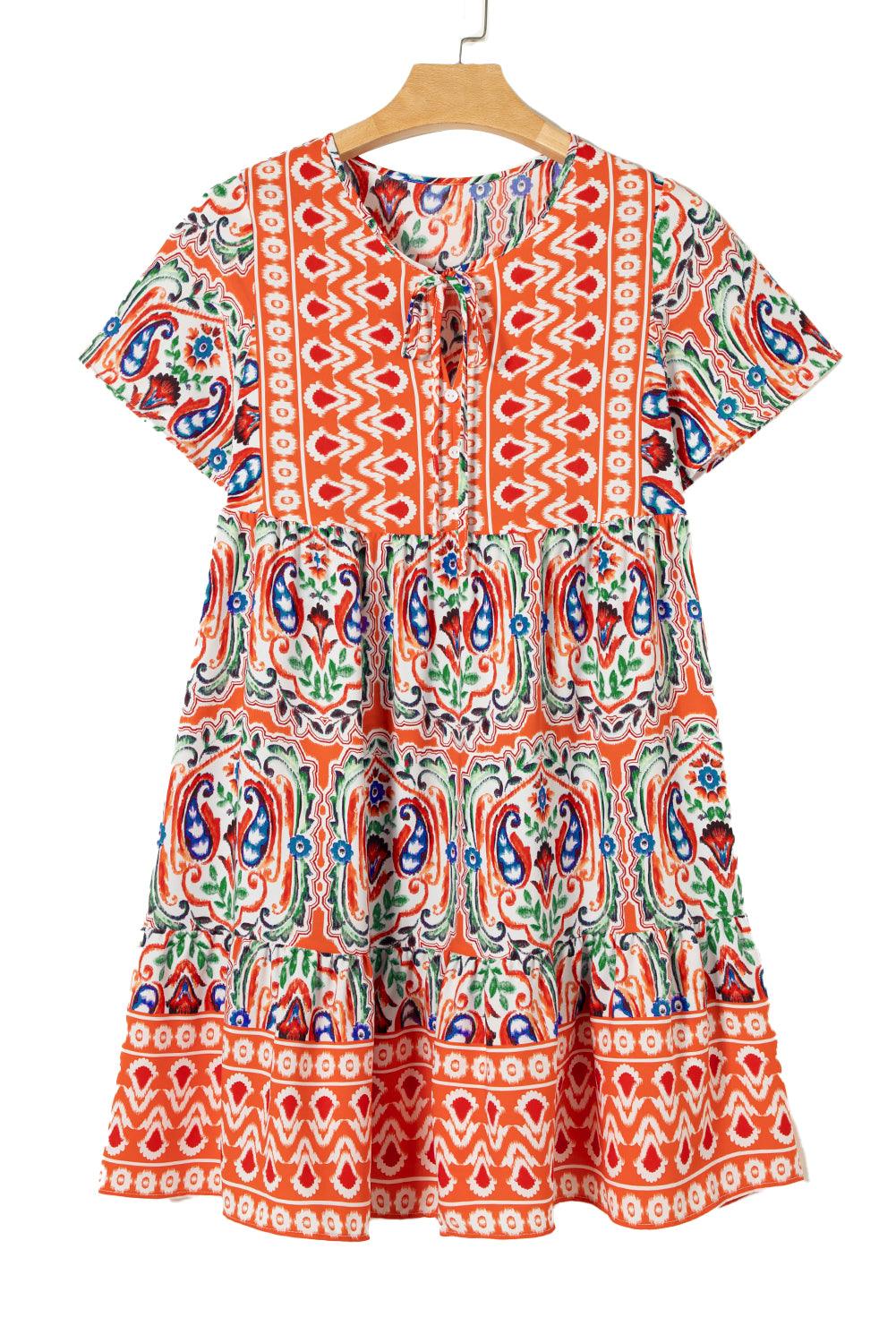 Orange Bohemian Tie Neck Flounce Sleeve Ruffle Hem Mini Dress - The Fair Lady Shop
