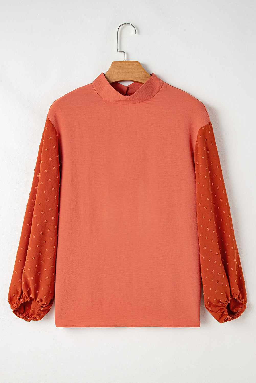 Russet Orange Swiss Dot Balloon Sleeve Patchwork Crinkle Blouse - The Fair Lady Shop