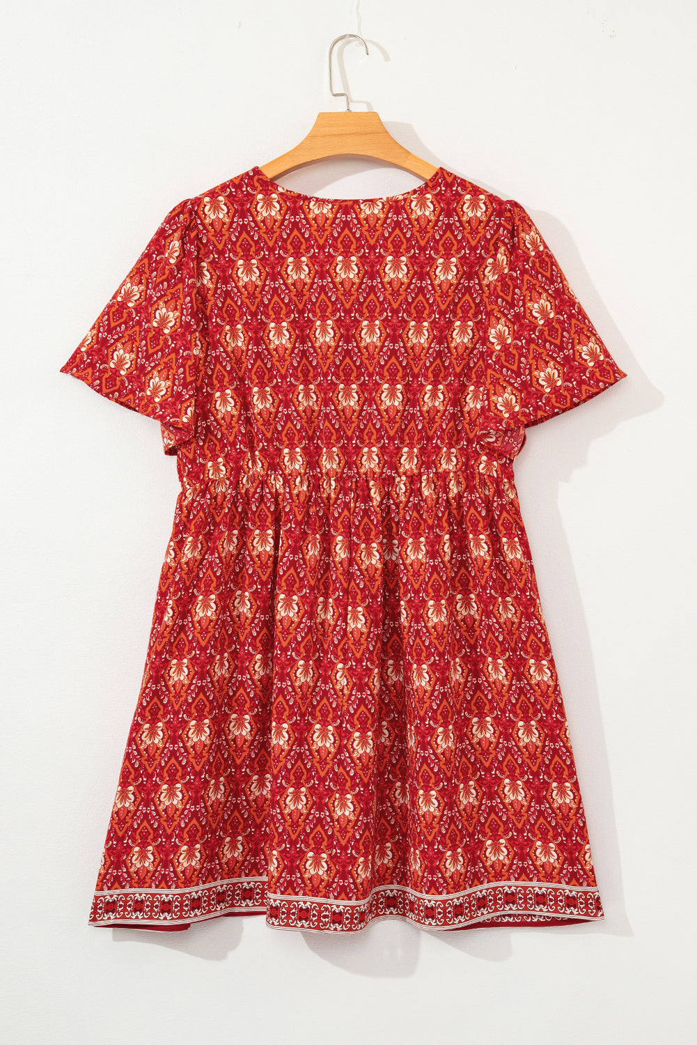 Orange Plus Size Boho Print Surplice Neck Empire Waist Flowy Mini Dress - The Fair Lady Shop