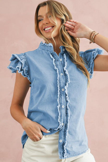 Ashleigh Blue Button Front Ruffled Flutter Frayed Denim Top - The Fair Lady Shop