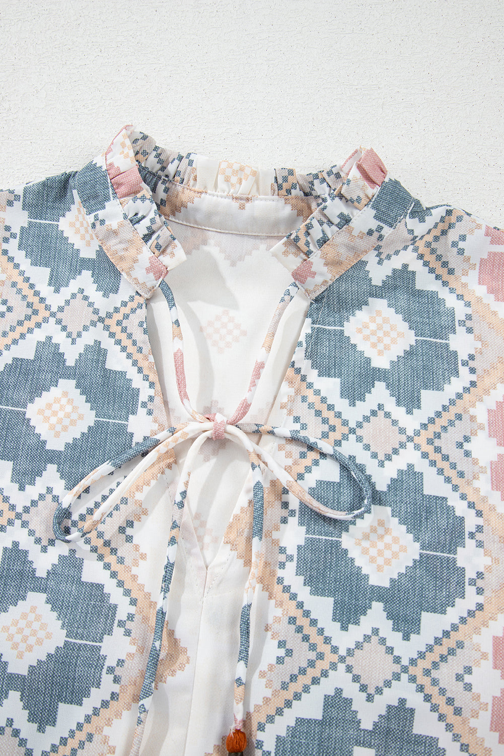 Khaki Geometric Print Tassel Tie Split Neck Balloon Sleeve Blouse - The Fair Lady Shop
