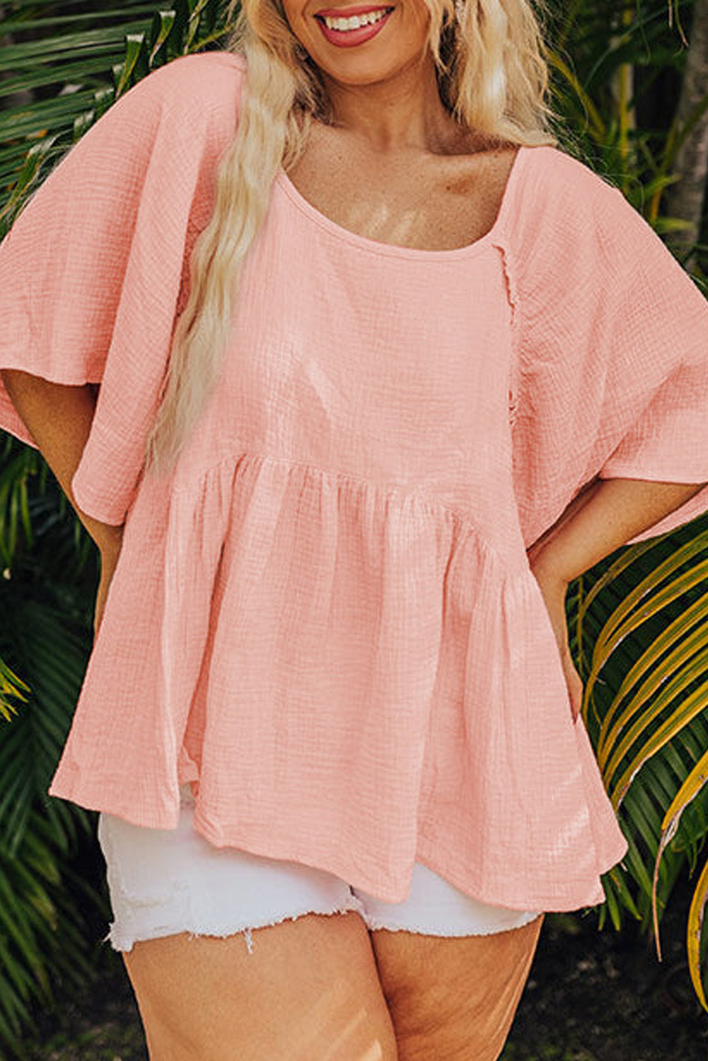 Apricot Pink Plus Size Crinkle Flounce Sleeve Babydoll Blouse - The Fair Lady Shop