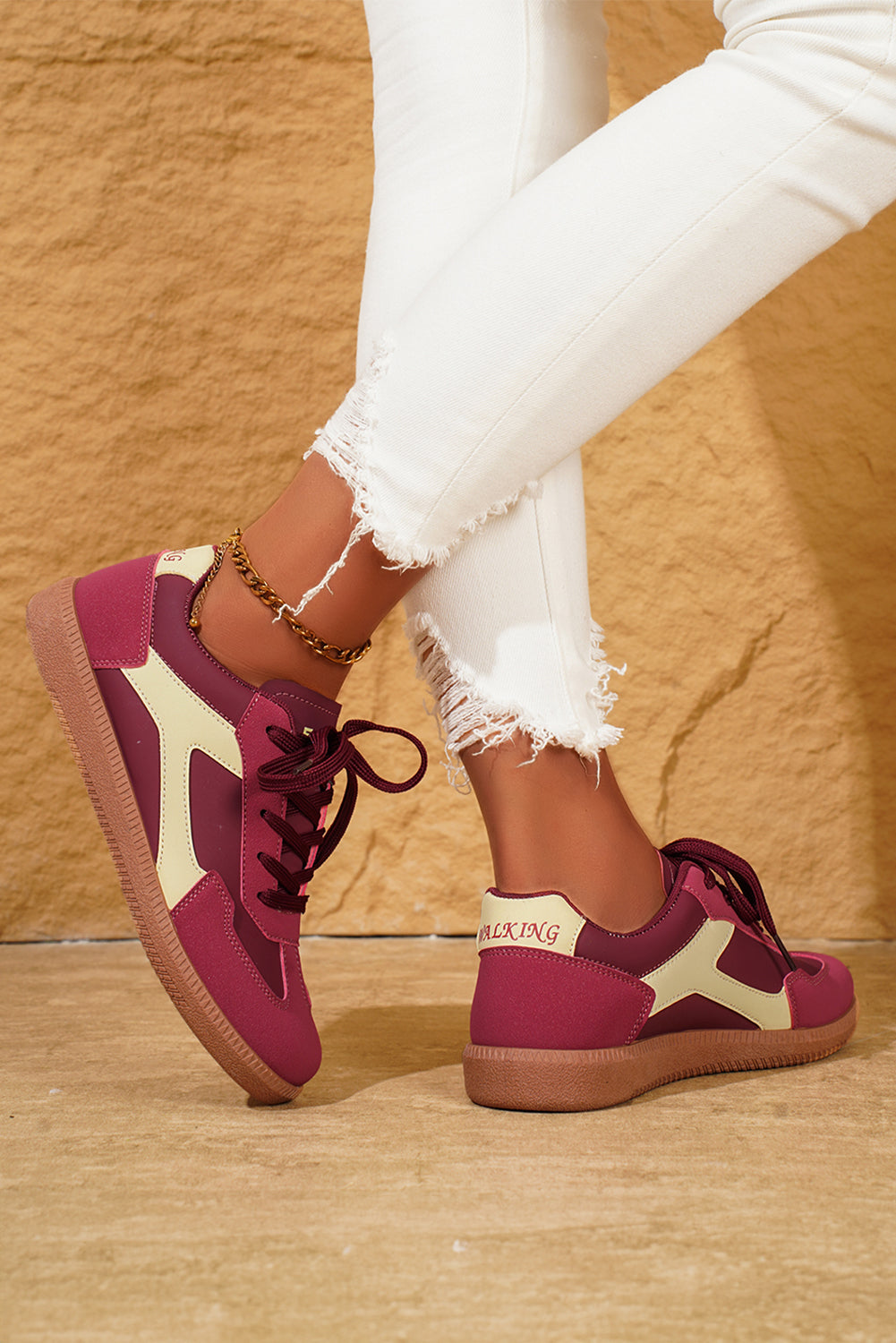 Fiery Red PU Leather Stitched Colorblock Casual Lace-Up Sneakers