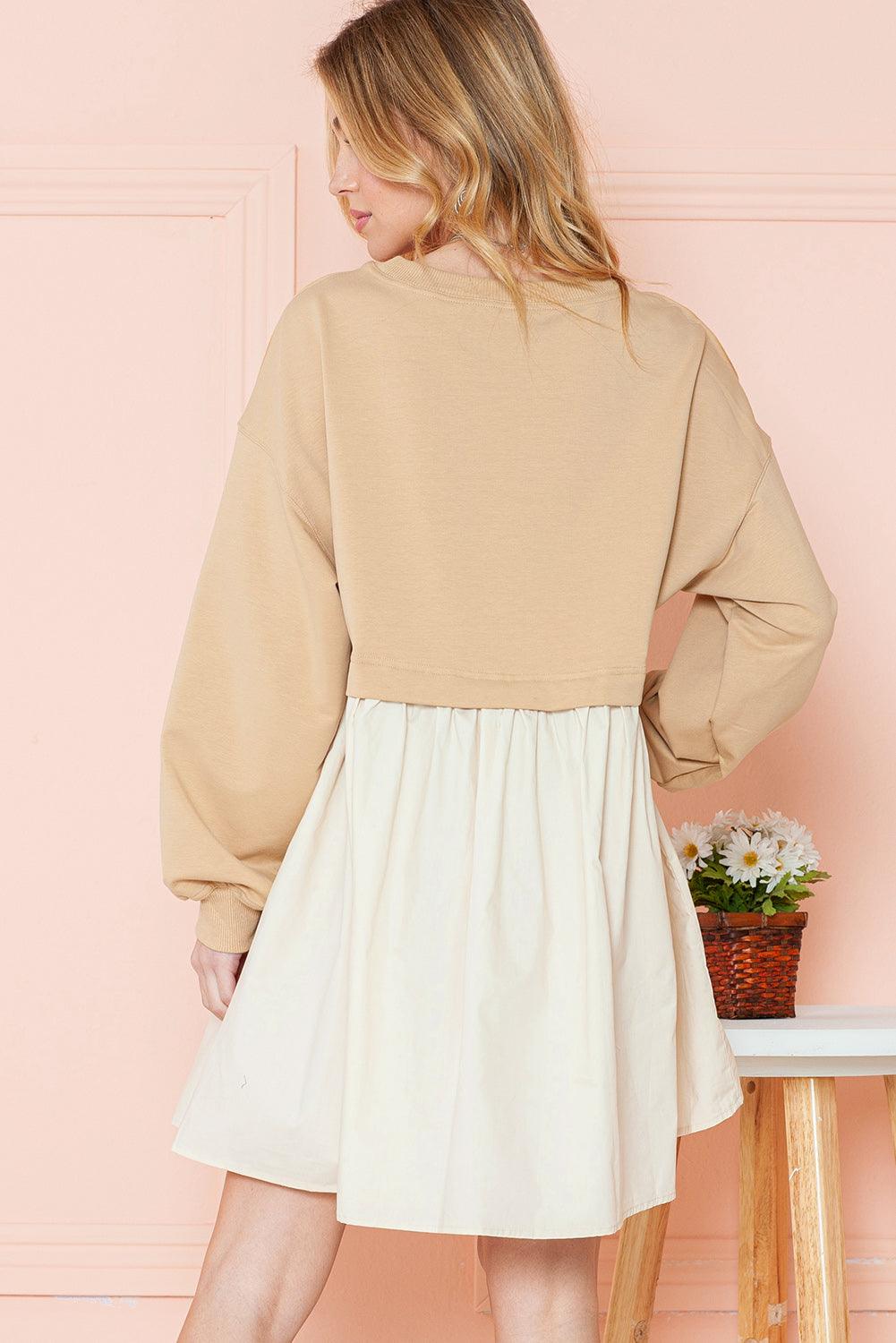 Khaki Sweatshirt Colorblock Flowy Pleated Mini Dress - The Fair Lady Shop