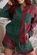 Red Plaid Contrast Color Christmas Holiday Long Sleeve Shirt and Shorts Pajama Set