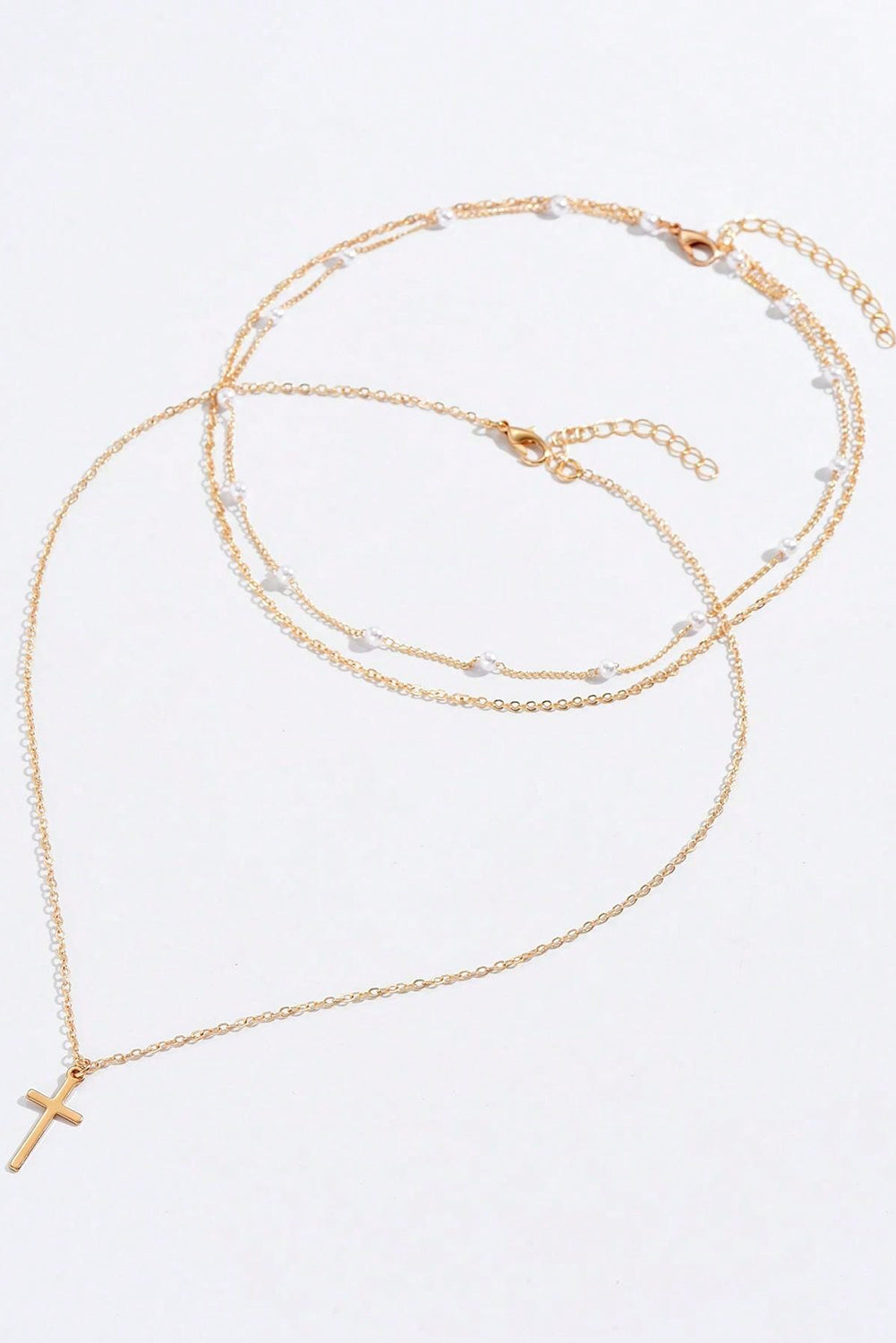 Gold Retro Multi-Layer Pearl and Cross Pendant Necklace Set - The Fair Lady Shop