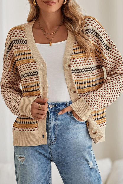 Khaki Geometric Pattern Button Front V Neck Cropped Cardigan - The Fair Lady Shop