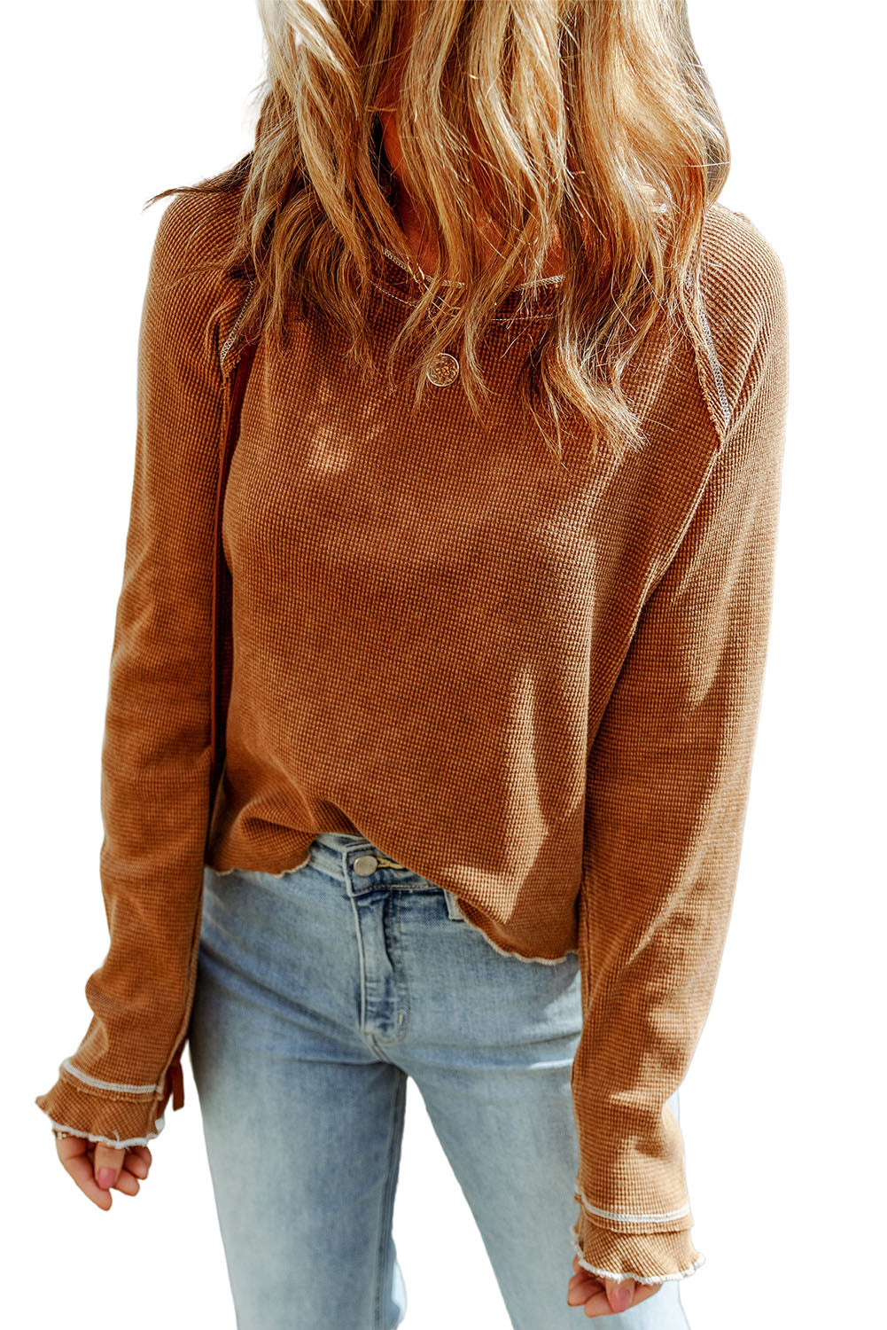 Brown Textured Crewneck Long Sleeve Top - The Fair Lady Shop