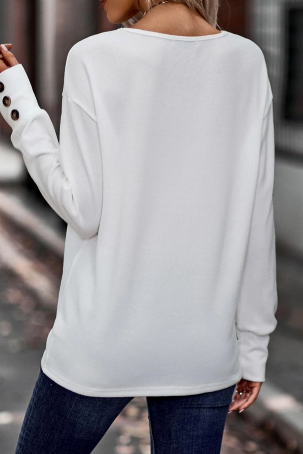 White Solid Color V-Neck Button Cuffs Long Sleeve Top - The Fair Lady Shop
