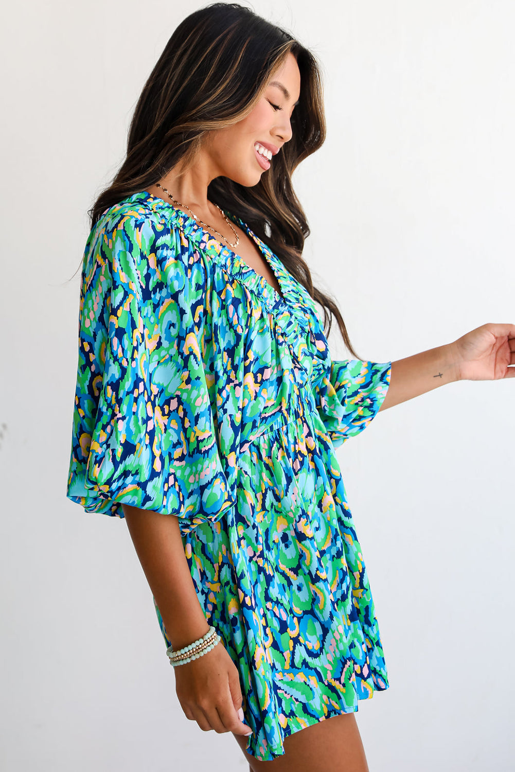 Green Abstract Print Batwing Sleeve V Neck High Waist Romper - The Fair Lady Shop