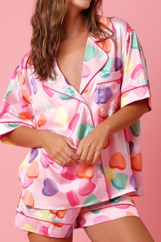 Pink Full Heart Pattern Shirt and Shorts Satin Pajama Set - The Fair Lady Shop