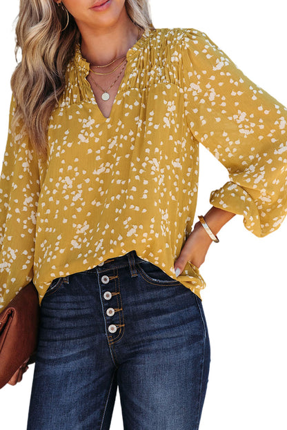 Yellow Frill Split V Neck Boho Crinkled Blouse - The Fair Lady Shop