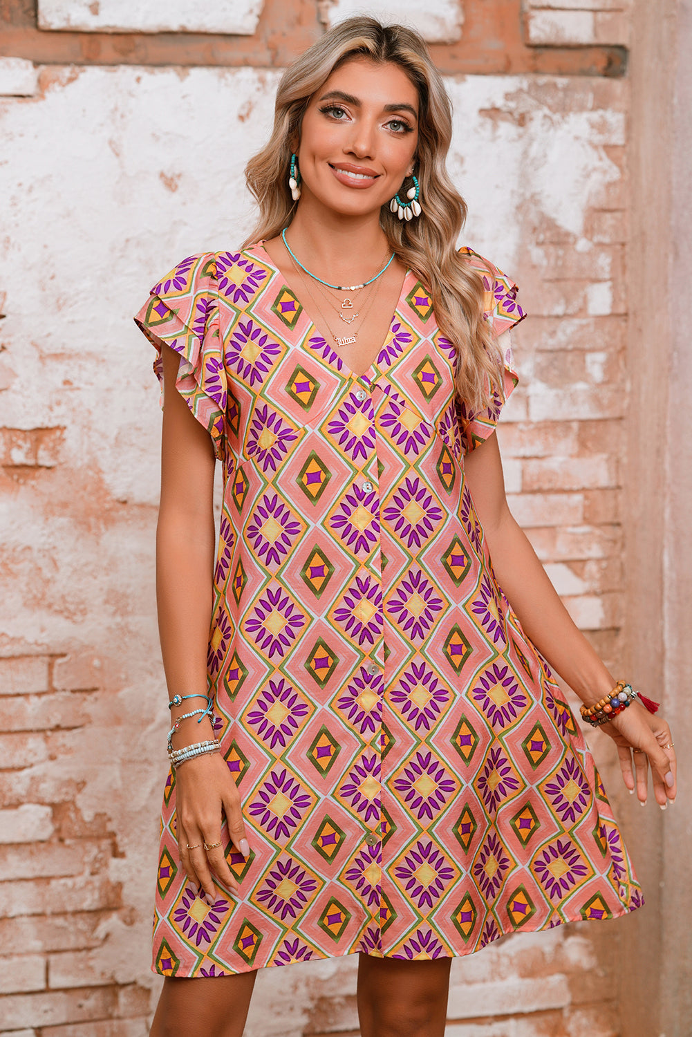 Orange Geometric Floral V Neck Ruffle Buttoned Mini Dress - The Fair Lady Shop