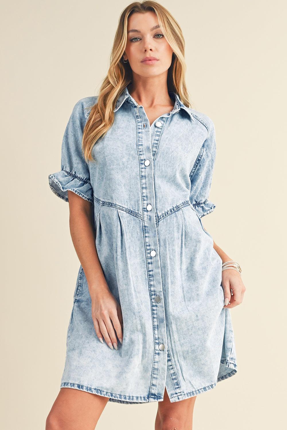 Blue Mineral Washed Ruffled Short Sleeve Pocketed Denim Dress - The Fair Lady Shop